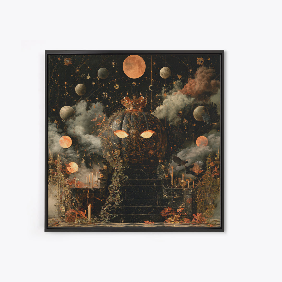 The Gold-Crowned Pumpkin Oracle - Surreal Celestial Vision, Gothic Home Decor, Square Wall Art, Canvas Print, Halloween Home Decor