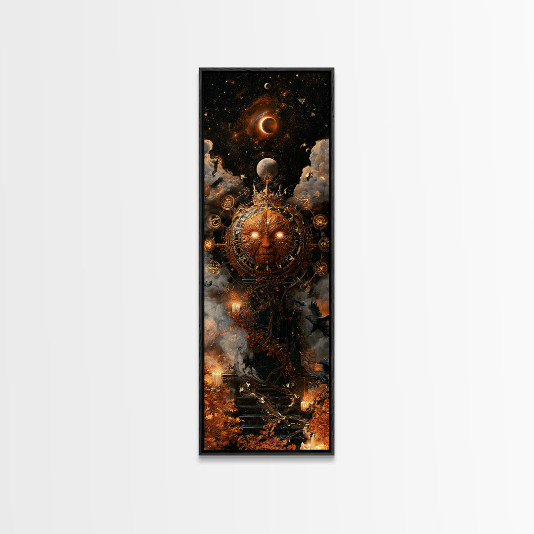 The Gold-Crowned Pumpkin Oracle - Surreal Celestial Vision, Gothic Home Decor, Tall Narrow Wall Art, Canvas Print, Halloween Home Decor
