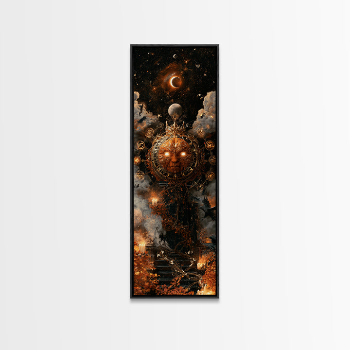 The Gold-Crowned Pumpkin Oracle - Surreal Celestial Vision, Gothic Home Decor, Tall Narrow Wall Art, Canvas Print, Halloween Home Decor