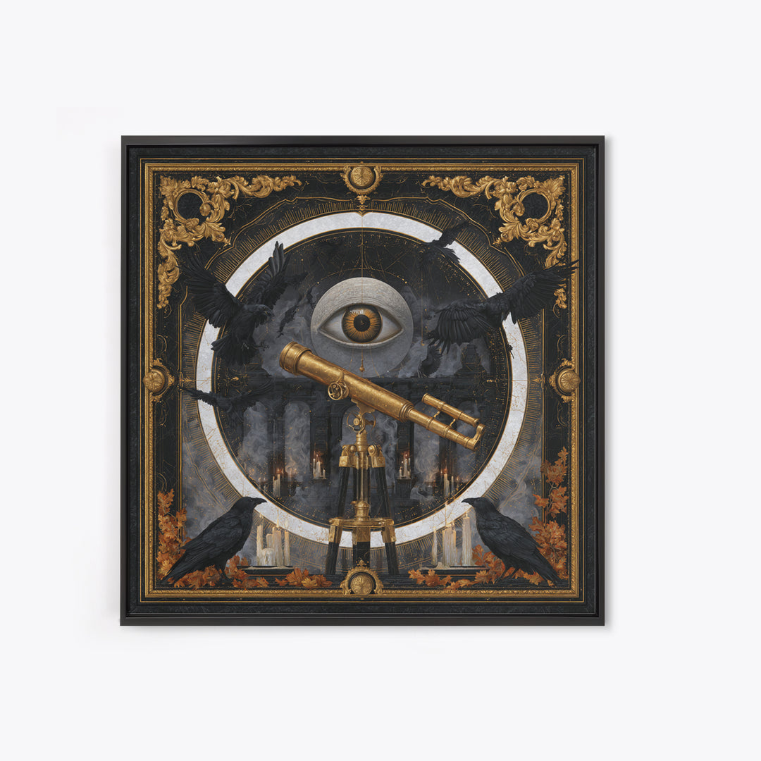 The Midnight Raven Observatory - Icon Portrait, Spooky Wall Decor, Square Wall Art, Framed Canvas Print, Halloween Home Decor