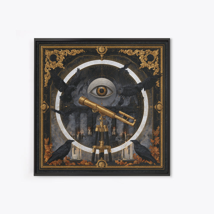 The Midnight Raven Observatory - Icon Portrait, Spooky Wall Decor, Square Wall Art, Framed Canvas Print, Halloween Home Decor