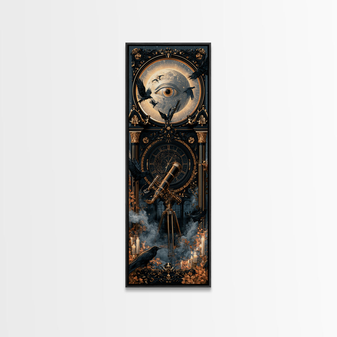 The Midnight Raven Observatory - Icon Portrait, Macabre Halloween Art, Tall Narrow Wall Art, Framed Canvas Print, Halloween Home Decor