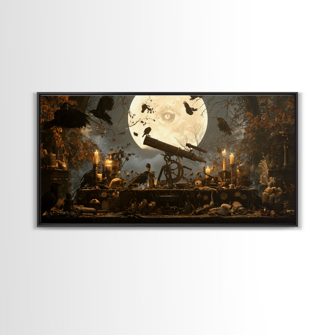 The Midnight Raven Observatory - Occult Still Life, Gothic Home Decor, Wide Panoramic Art, Canvas Print, Halloween Home Decor