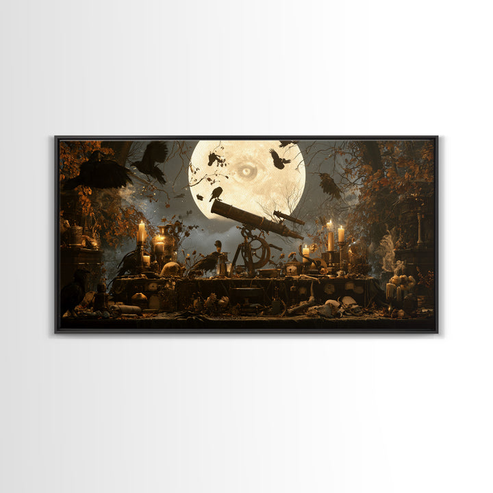 The Midnight Raven Observatory - Occult Still Life, Gothic Home Decor, Wide Panoramic Art, Canvas Print, Halloween Home Decor