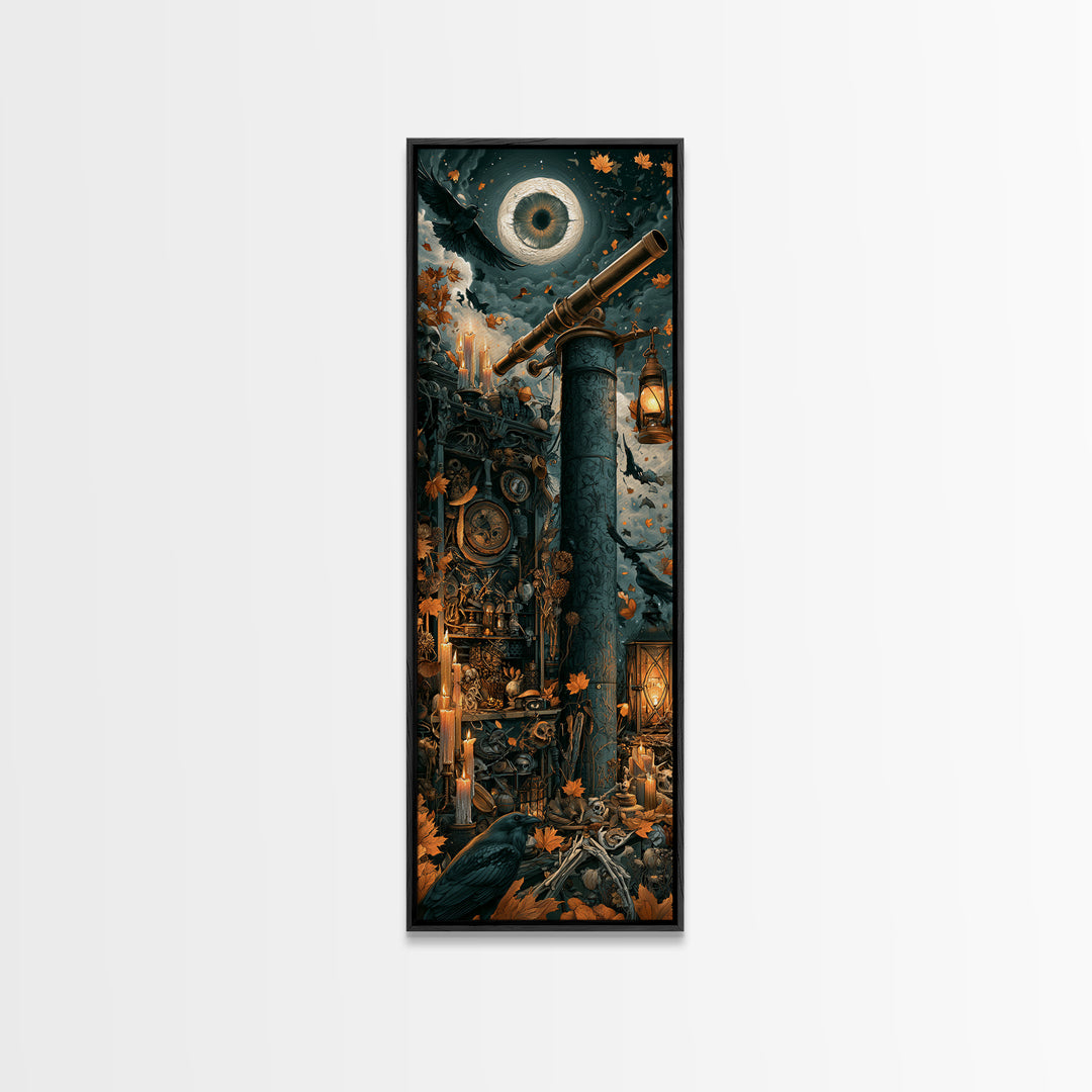 The Midnight Raven Observatory - Occult Still Life, Spooky Wall Decor, Tall Narrow Wall Art, Framed Canvas Print, Halloween Home Decor