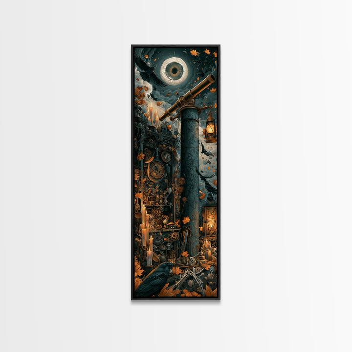 The Midnight Raven Observatory - Occult Still Life, Spooky Wall Decor, Tall Narrow Wall Art, Framed Canvas Print, Halloween Home Decor