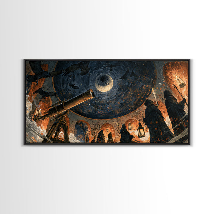 The Midnight Raven Observatory - Procession Scene, Spooky Wall Decor, Wide Panoramic Art, Framed Canvas Print, Halloween Home Decor