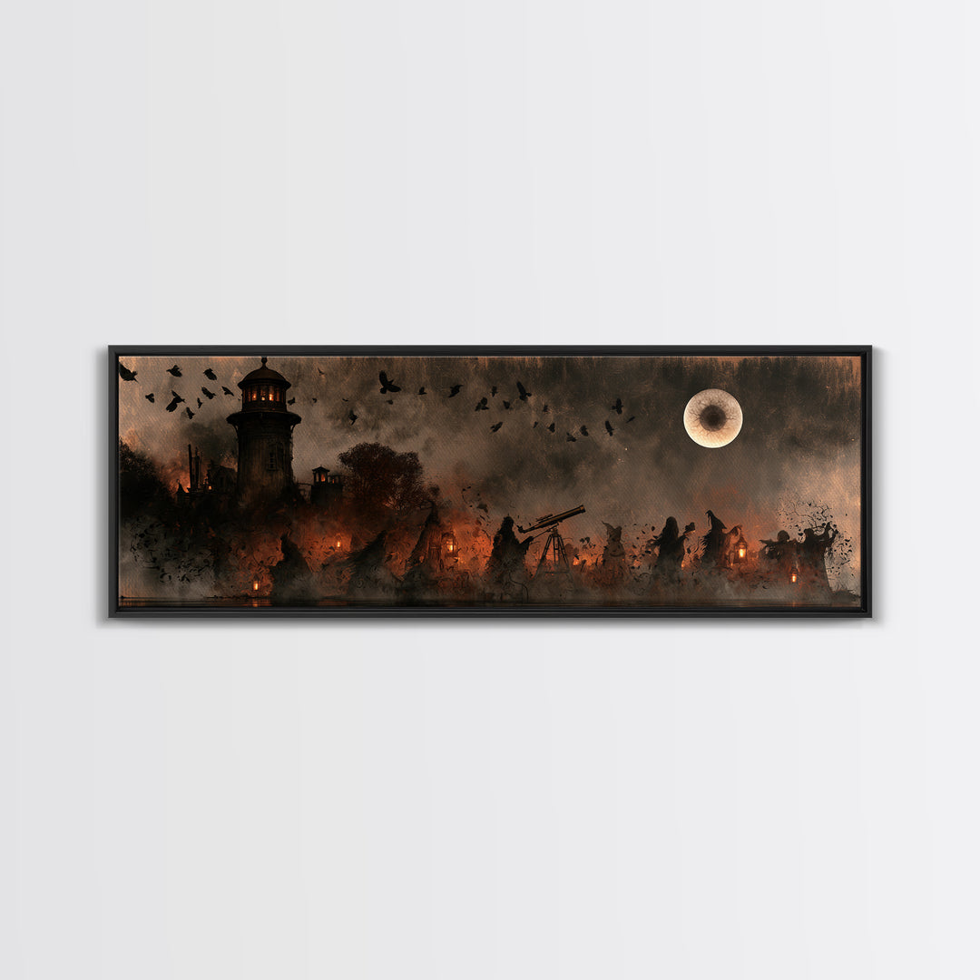 The Midnight Raven Observatory - Procession Scene, Macabre Halloween Art, Extra Wide Wall Art, Framed Canvas Print, Halloween Home Decor