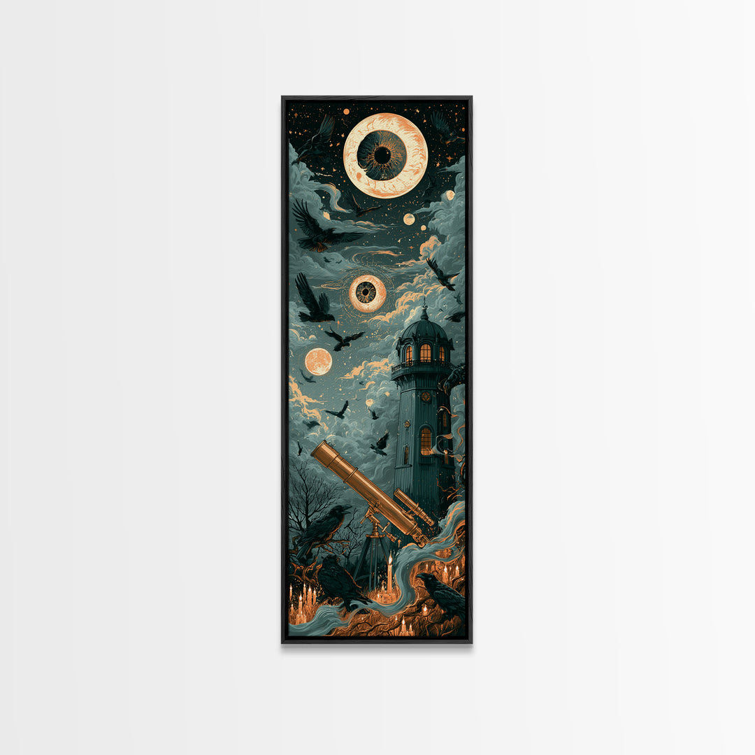 The Midnight Raven Observatory - Surreal Celestial Vision, Halloween Wall Art, Tall Narrow Wall Art, Framed Canvas Print, Gothic Wall Art