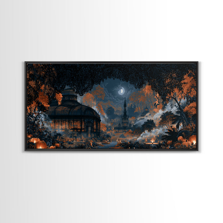 The Black Lace Haunted Conservatory - Environmental Panorama, Halloween Wall Art, Wide Panoramic Art, Framed Canvas Print, Gothic Wall Art