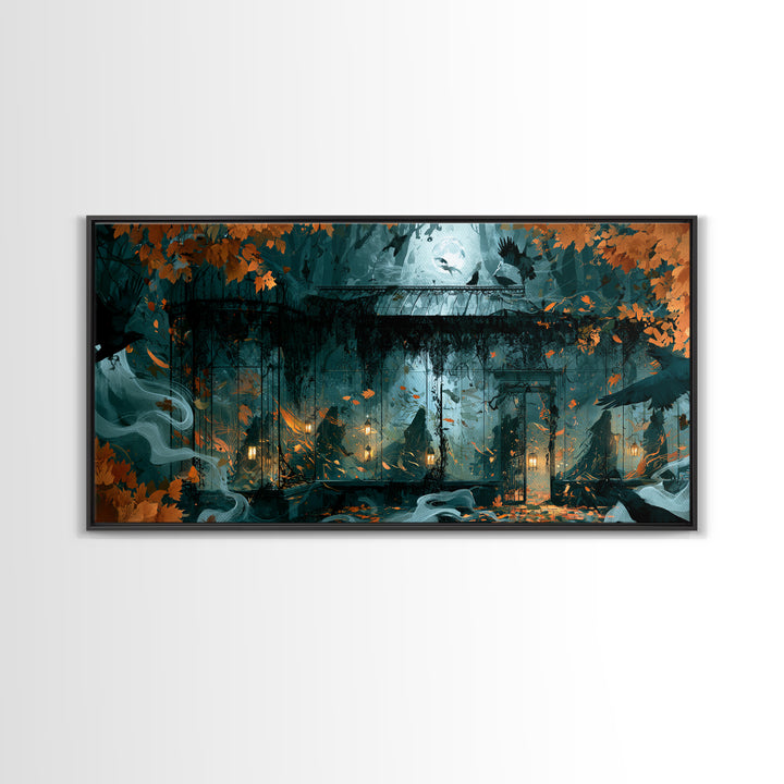 The Black Lace Haunted Conservatory - Procession Scene, Macabre Halloween Art, Wide Panoramic Art, Framed Canvas Print, Halloween Home Decor