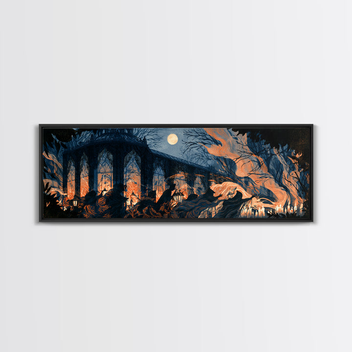 The Black Lace Haunted Conservatory - Procession Scene, Dark Fantasy Wall Art, Extra Wide Wall Art, Canvas Print, Halloween Home Decor