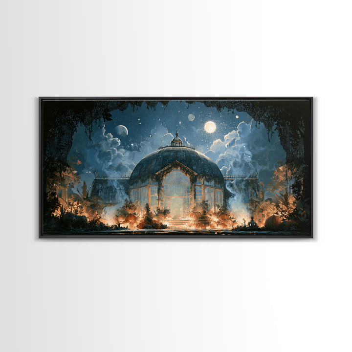 The Black Lace Haunted Conservatory - Surreal Celestial Vision, Occult Wall Decor, Wide Panoramic Art, Canvas Print, Halloween Home Decor