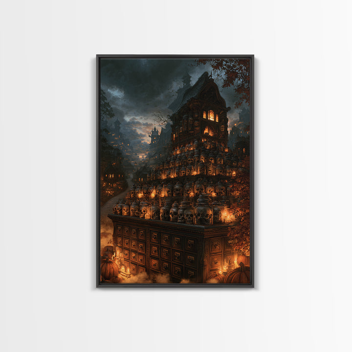 The Candlelit Skull Apothecary - Environmental Panorama, Halloween Wall Art, Vertical Wall Art, Framed Canvas Print, Halloween Home Decor