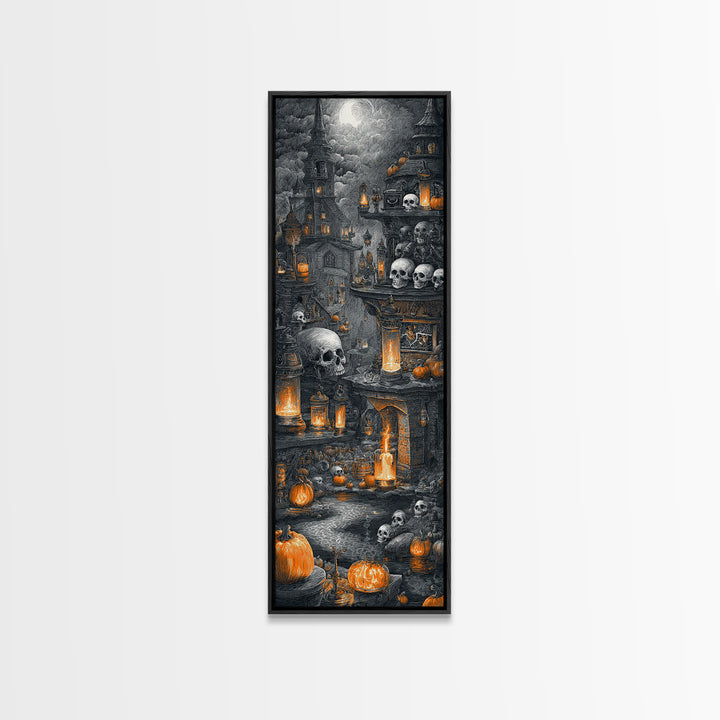 The Candlelit Skull Apothecary - Environmental Panorama, Macabre Halloween Art, Tall Narrow Wall Art, Framed Canvas Print, Gothic Wall Art