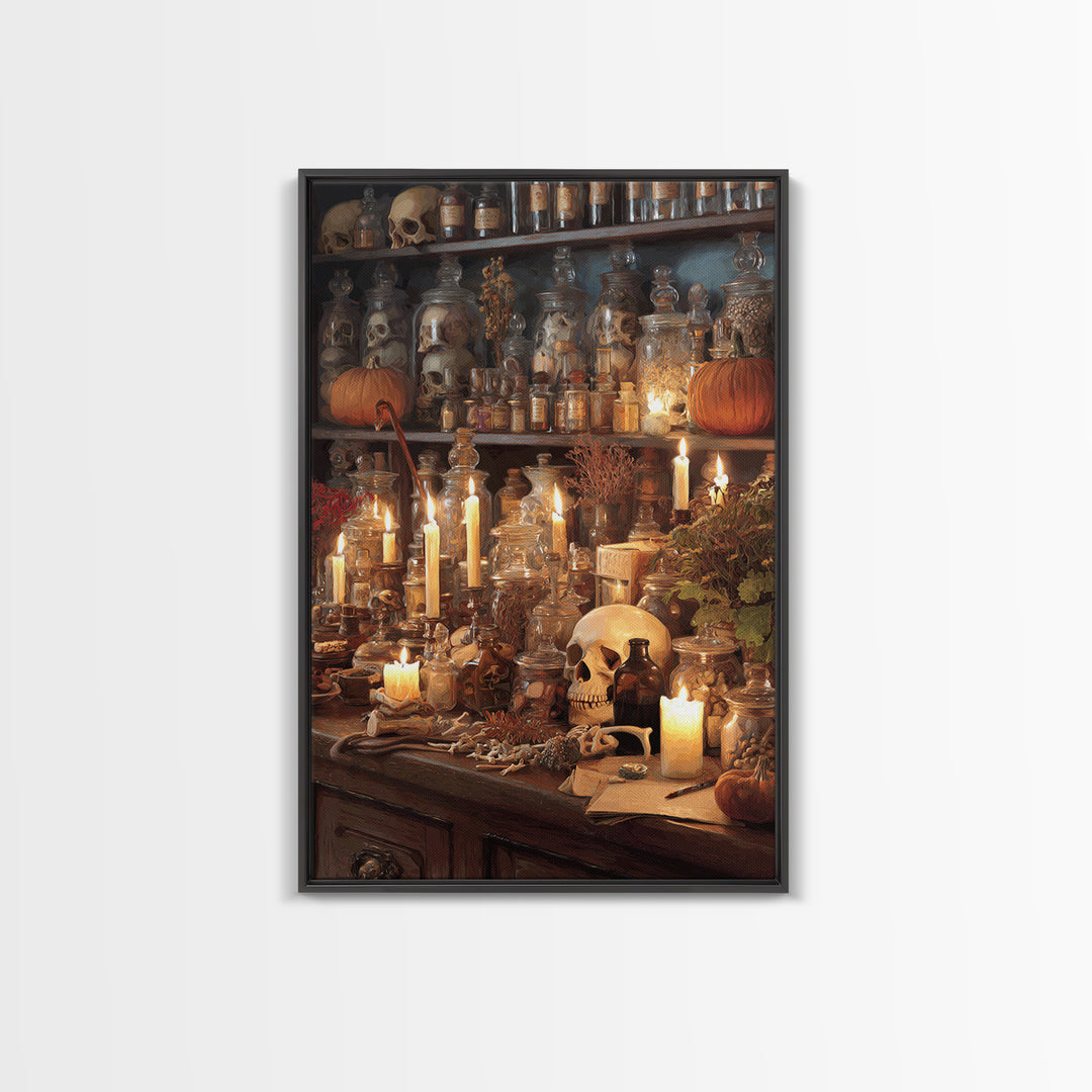 The Candlelit Skull Apothecary - Occult Still Life, Macabre Halloween Art, Vertical Wall Art, Framed Canvas Print, Halloween Home Decor