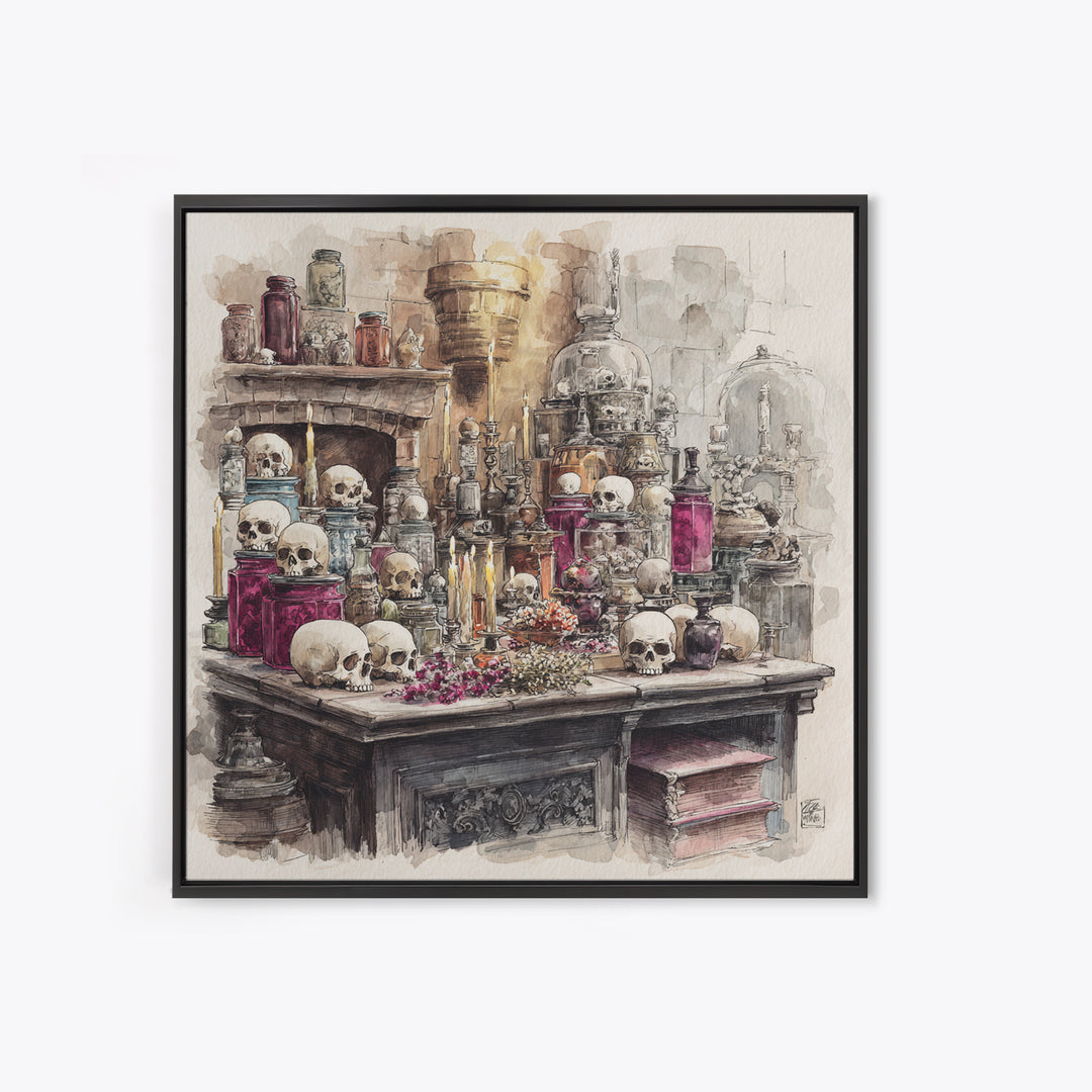 The Candlelit Skull Apothecary - Occult Still Life, Macabre Halloween Art, Square Wall Art, Framed Canvas Print, Halloween Home Decor