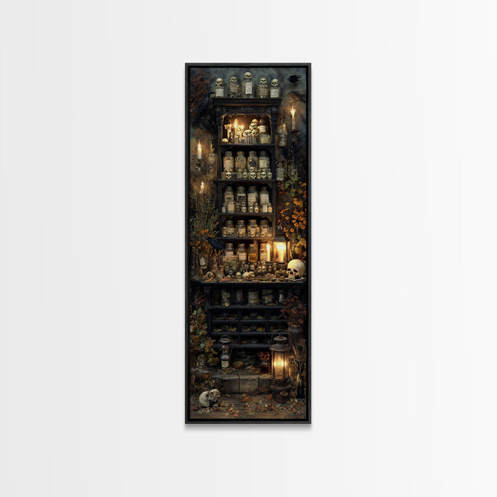 The Candlelit Skull Apothecary - Occult Still Life, Halloween Wall Art, Tall Narrow Wall Art, Framed Canvas Print, Halloween Home Decor