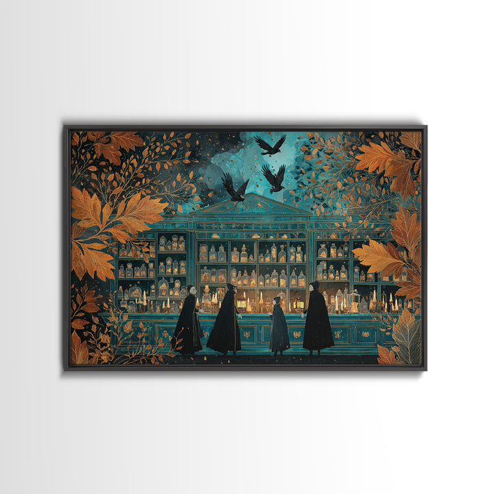 The Candlelit Skull Apothecary - Procession Scene, Spooky Wall Decor, Landscape Wall Art, Framed Canvas Print, Halloween Home Decor