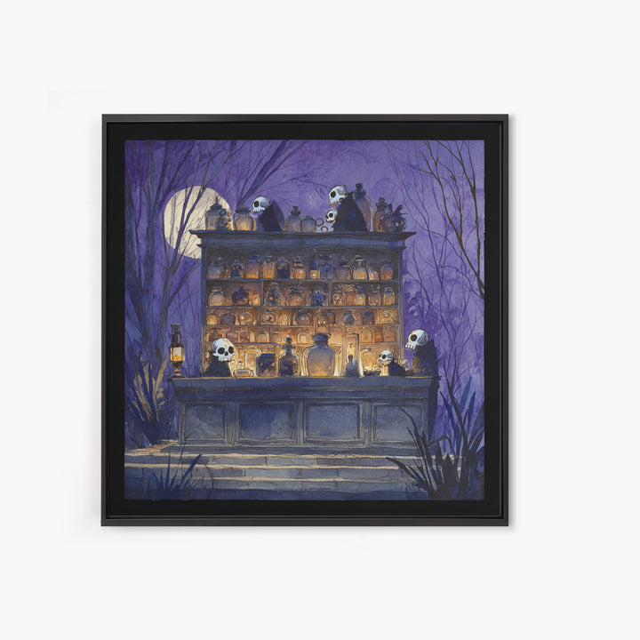 The Candlelit Skull Apothecary - Procession Scene, Macabre Halloween Art, Square Wall Art, Framed Canvas Print, Halloween Home Decor