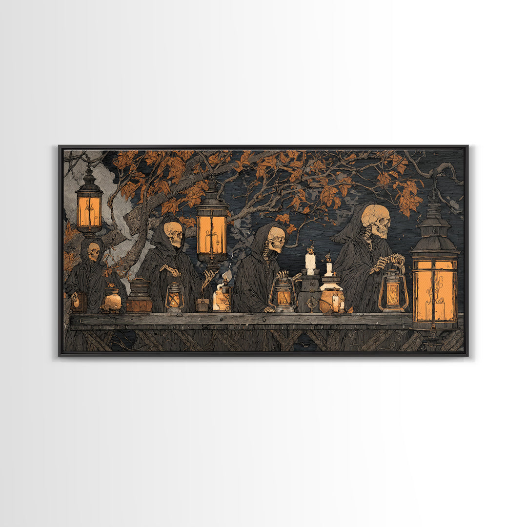 The Candlelit Skull Apothecary - Procession Scene, Spooky Wall Decor, Wide Panoramic Art, Framed Canvas Print, Halloween Home Decor