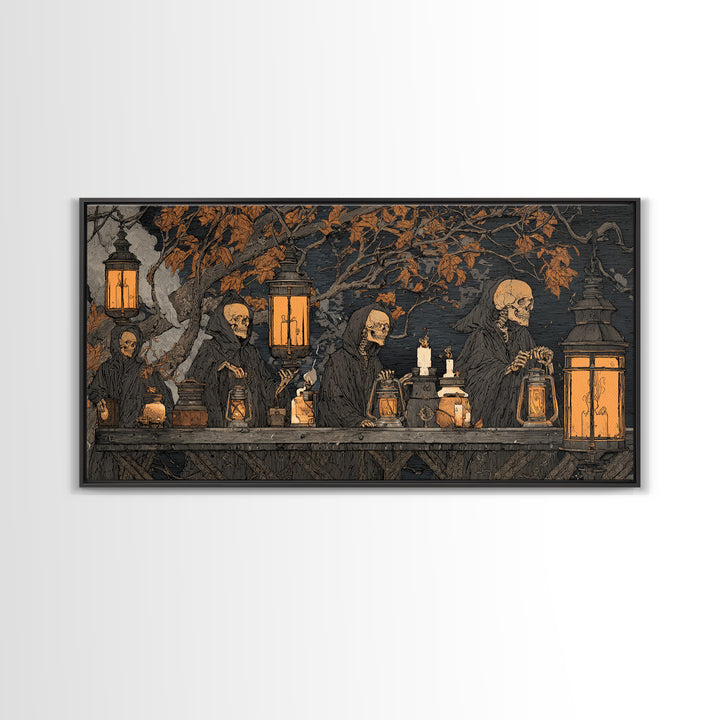 The Candlelit Skull Apothecary - Procession Scene, Spooky Wall Decor, Wide Panoramic Art, Framed Canvas Print, Halloween Home Decor