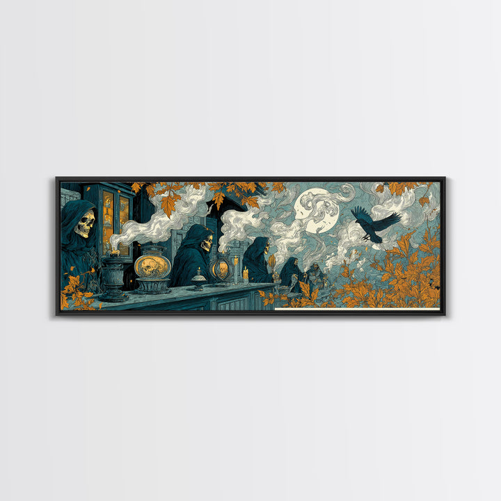 The Candlelit Skull Apothecary - Procession Scene, Macabre Halloween Art, Extra Wide Wall Art, Framed Canvas Print, Halloween Home Decor