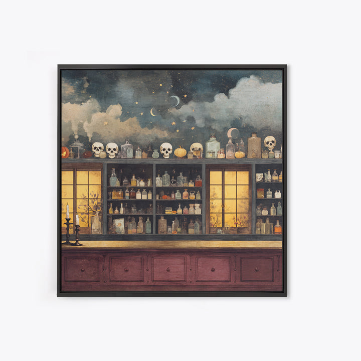 The Candlelit Skull Apothecary - Surreal Celestial Vision, Macabre Halloween Art, Square Wall Art, Framed Canvas Print, Halloween Home Decor