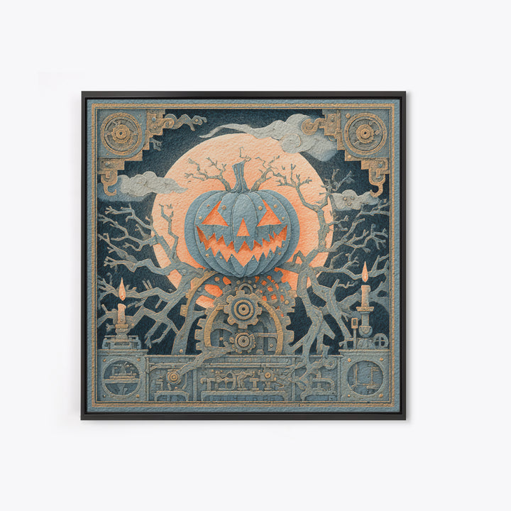 The Clockwork Jack-O-Lantern - Icon Portrait, Macabre Halloween Art, Square Wall Art, Framed Canvas Print, Halloween Home Decor