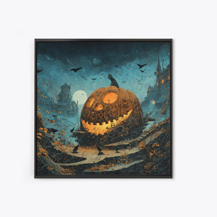 The Clockwork Jack-O-Lantern - Environmental Panorama, Macabre Halloween Art, Square Wall Art, Framed Canvas Print, Halloween Home Decor