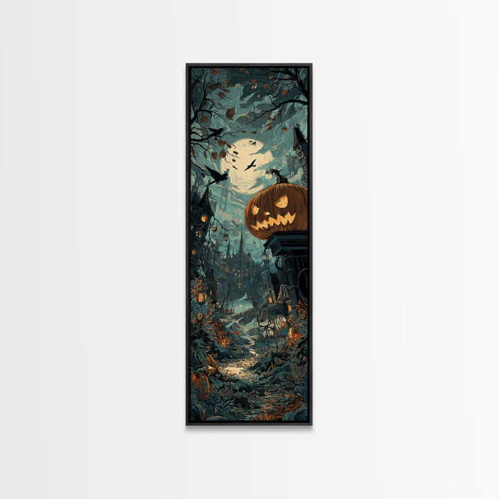 The Clockwork Jack-O-Lantern - Environmental Panorama, Dark Fantasy Wall Art, Tall Narrow Wall Art, Canvas Print, Halloween Home Decor