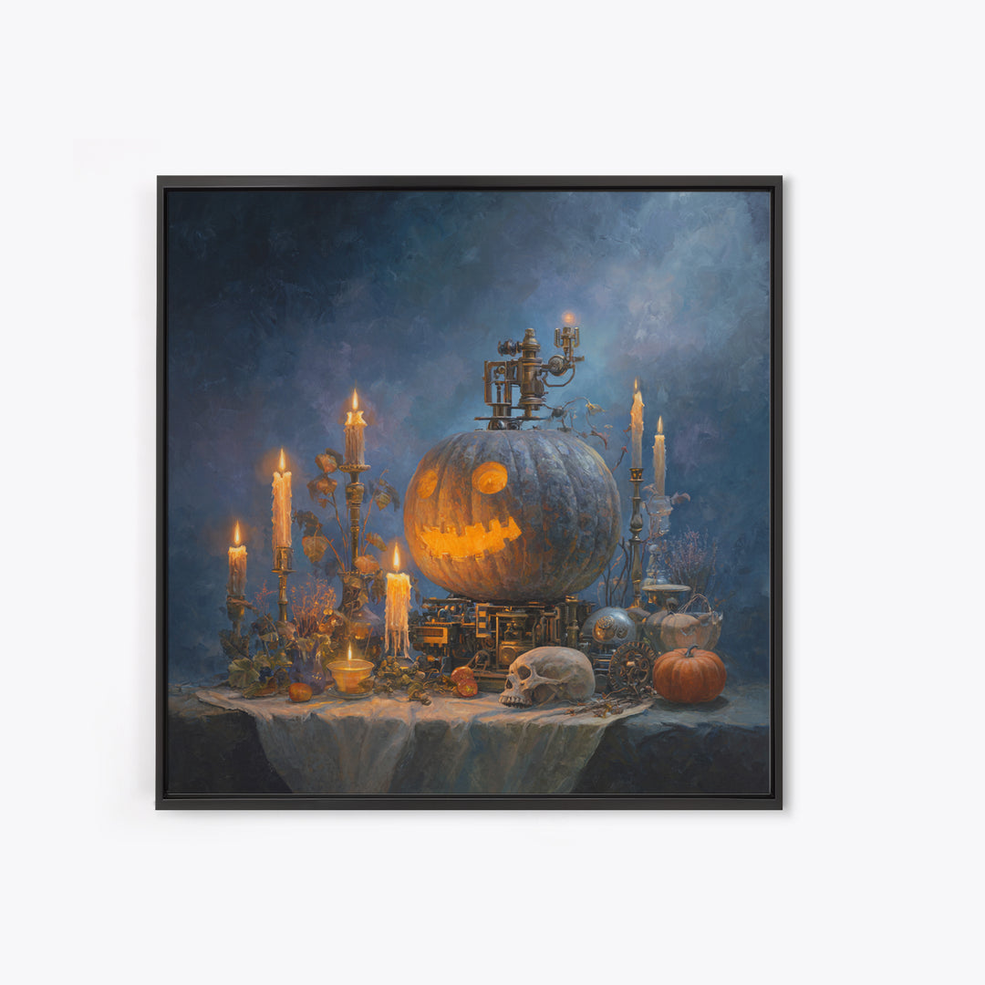 The Clockwork Jack-O-Lantern - Occult Still Life, Halloween Wall Art, Square Wall Art, Framed Canvas Print, Halloween Home Decor