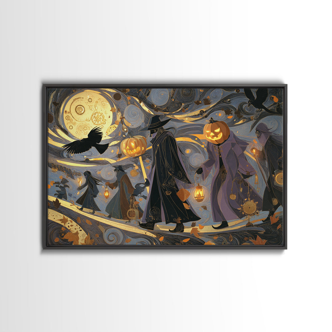 The Clockwork Jack-O-Lantern - Procession Scene, Halloween Wall Art, Landscape Wall Art, Framed Canvas Print, Halloween Home Decor