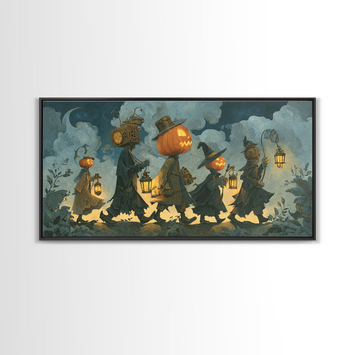 The Clockwork Jack-O-Lantern - Procession Scene, Gothic Home Decor, Wide Panoramic Art, Canvas Print, Halloween Home Decor, Gothic Wall Art