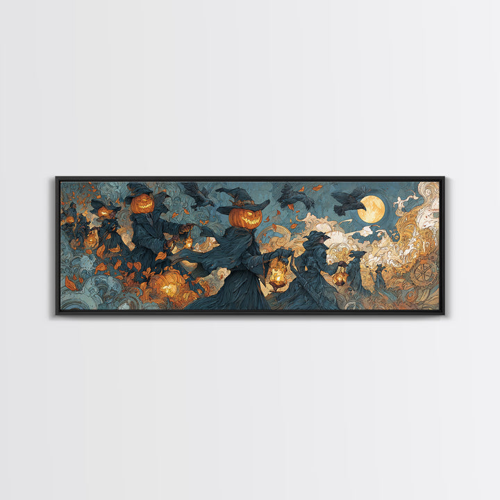 The Clockwork Jack-O-Lantern - Procession Scene, Occult Wall Decor, Extra Wide Wall Art, Canvas Print, Halloween Home Decor, Gothic Wall Art