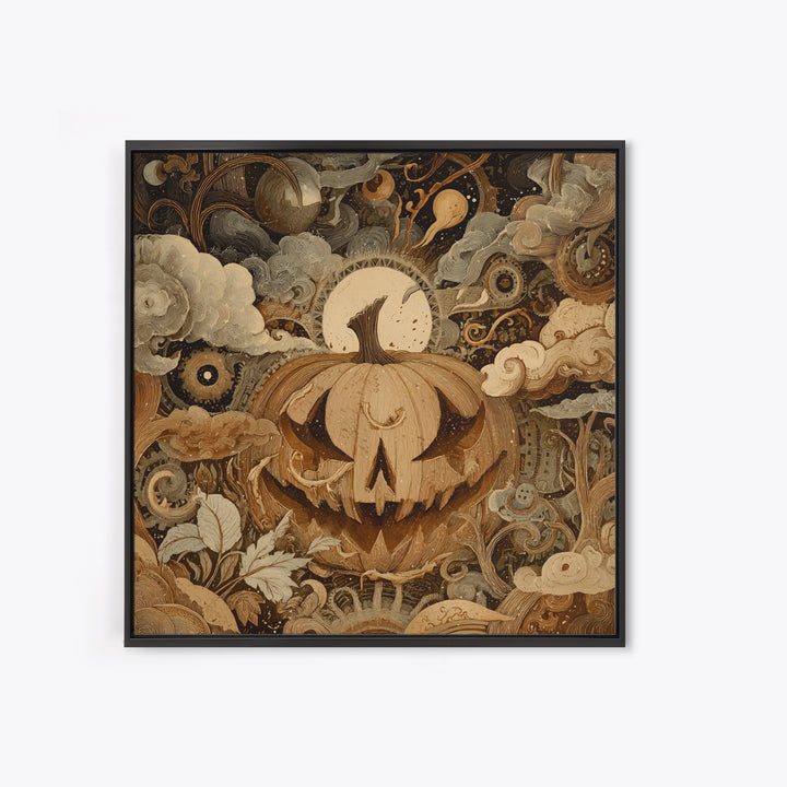 The Clockwork Jack-O-Lantern - Surreal Celestial Vision, Spooky Wall Decor, Square Wall Art, Framed Canvas Print, Halloween Home Decor