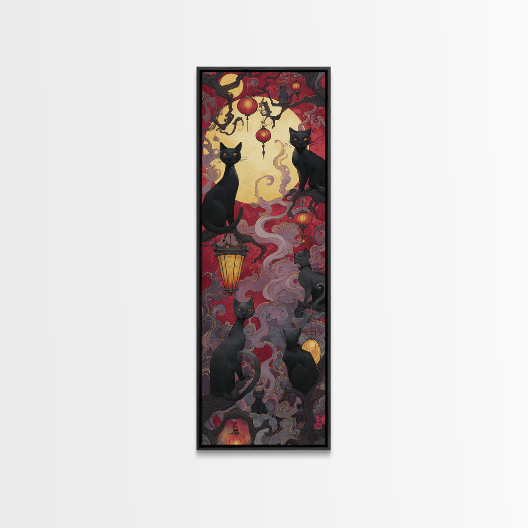 The Moonlit Cat Masquerade - Icon Portrait, Occult Wall Decor, Tall Narrow Wall Art, Canvas Print, Halloween Home Decor, Gothic Wall Art