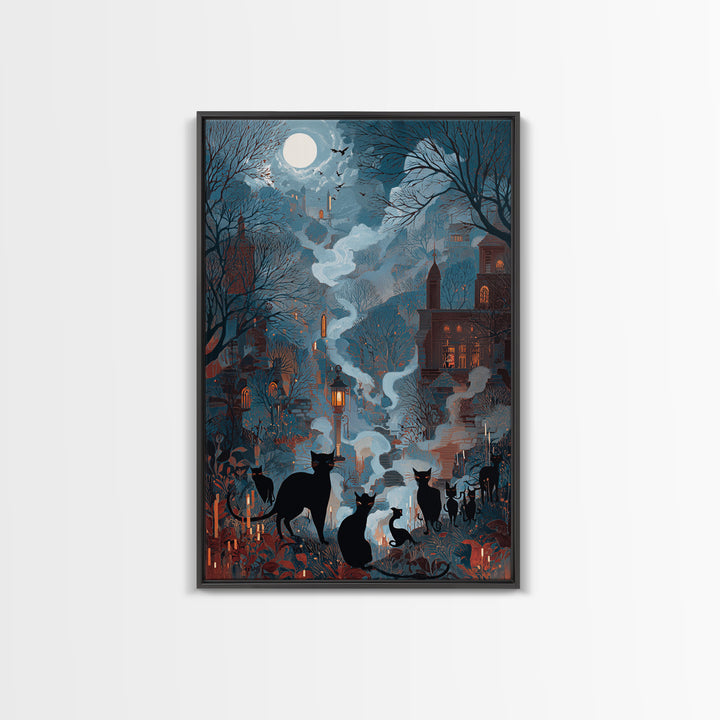 The Moonlit Cat Masquerade - Environmental Panorama, Dark Fantasy Wall Art, Vertical Wall Art, Canvas Print, Halloween Home Decor