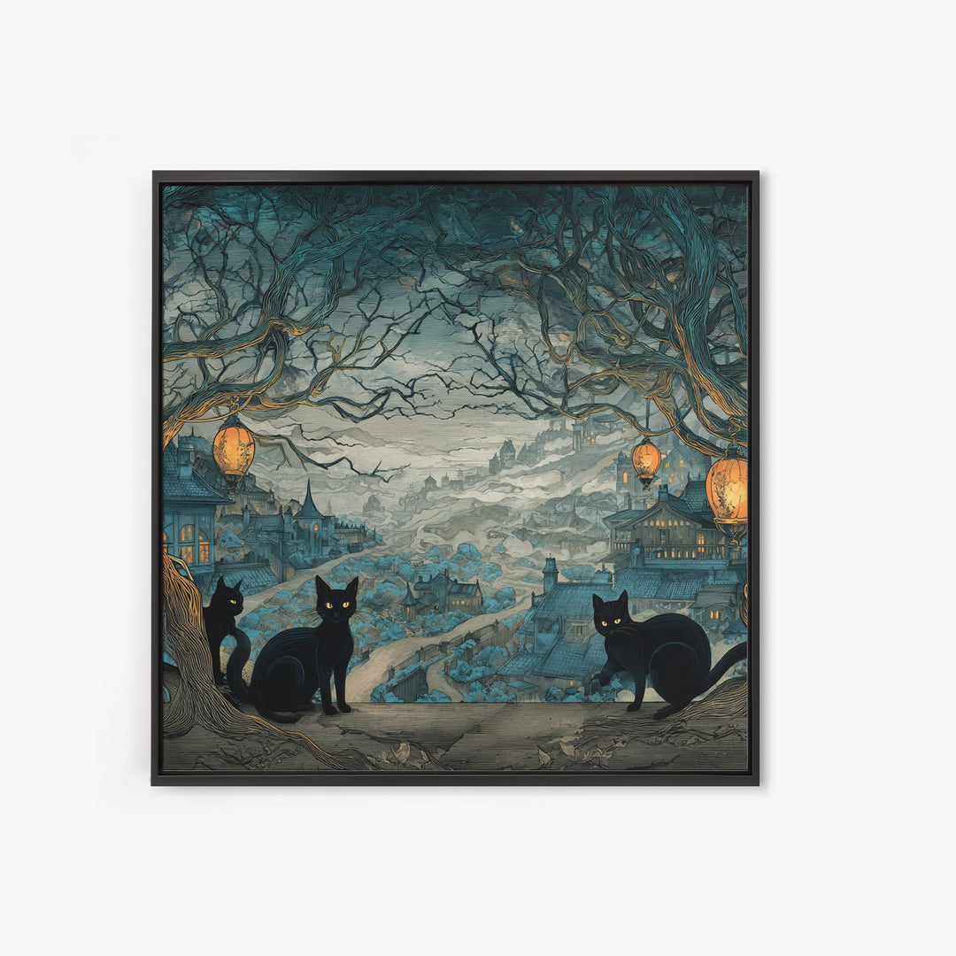 The Moonlit Cat Masquerade - Environmental Panorama, Spooky Wall Decor, Square Wall Art, Framed Canvas Print, Halloween Home Decor