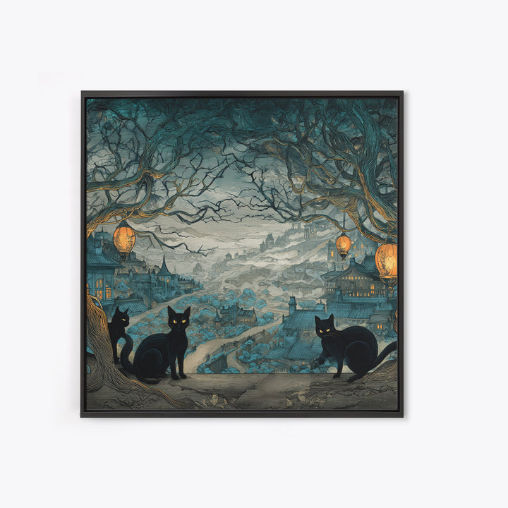 The Moonlit Cat Masquerade - Environmental Panorama, Spooky Wall Decor, Square Wall Art, Framed Canvas Print, Halloween Home Decor