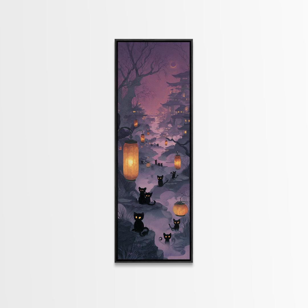 The Moonlit Cat Masquerade - Environmental Panorama, Macabre Halloween Art, Tall Narrow Wall Art, Framed Canvas Print, Halloween Home Decor