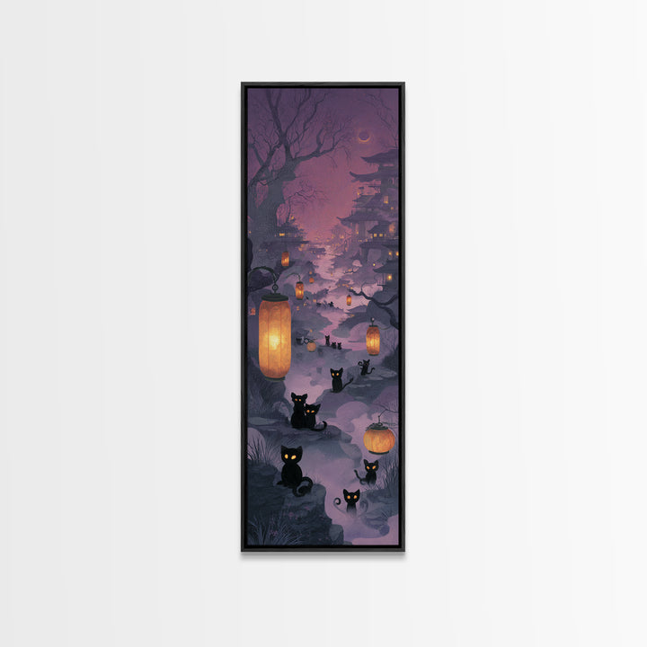 The Moonlit Cat Masquerade - Environmental Panorama, Macabre Halloween Art, Tall Narrow Wall Art, Framed Canvas Print, Halloween Home Decor
