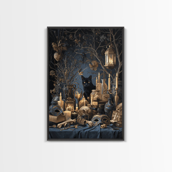 The Moonlit Cat Masquerade - Occult Still Life, Halloween Wall Art, Vertical Wall Art, Framed Canvas Print, Halloween Home Decor