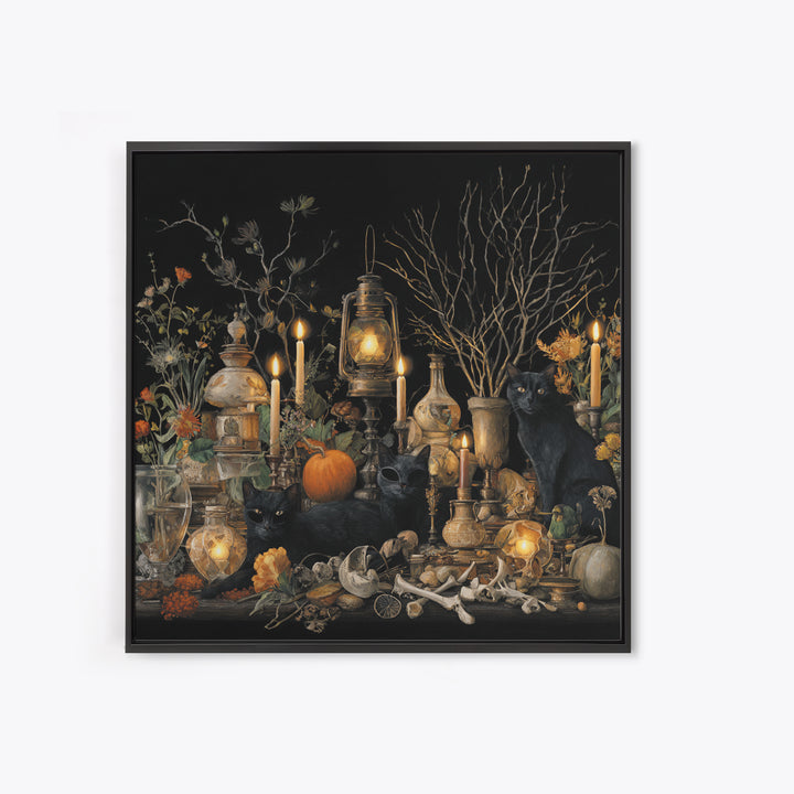 The Moonlit Cat Masquerade - Occult Still Life, Dark Fantasy Wall Art, Square Wall Art, Canvas Print, Halloween Home Decor, Gothic Wall Art