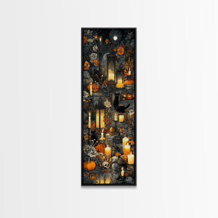 The Moonlit Cat Masquerade - Occult Still Life, Gothic Home Decor, Tall Narrow Wall Art, Canvas Print, Halloween Home Decor, Gothic Wall Art