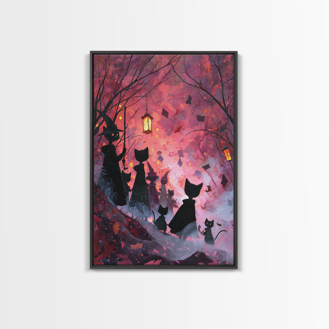 The Moonlit Cat Masquerade - Procession Scene, Macabre Halloween Art, Vertical Wall Art, Framed Canvas Print, Halloween Home Decor