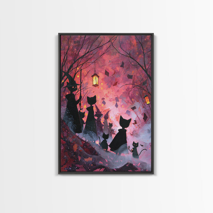 The Moonlit Cat Masquerade - Procession Scene, Macabre Halloween Art, Vertical Wall Art, Framed Canvas Print, Halloween Home Decor
