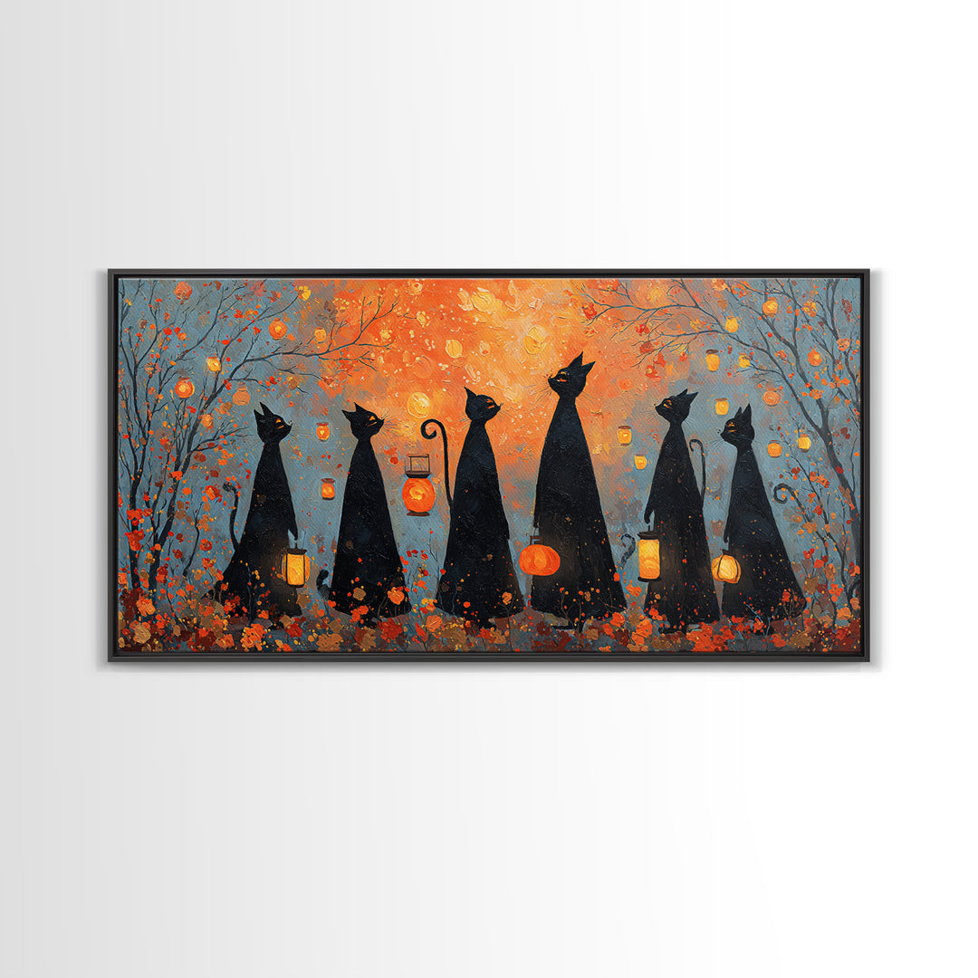 The Moonlit Cat Masquerade - Procession Scene, Spooky Wall Decor, Wide Panoramic Art, Framed Canvas Print, Halloween Home Decor