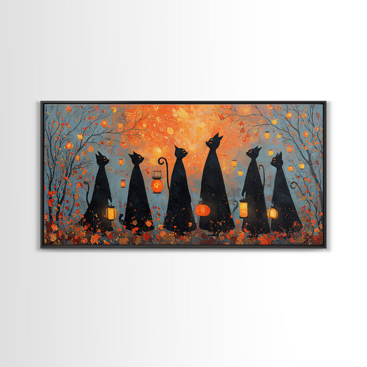 The Moonlit Cat Masquerade - Procession Scene, Spooky Wall Decor, Wide Panoramic Art, Framed Canvas Print, Halloween Home Decor
