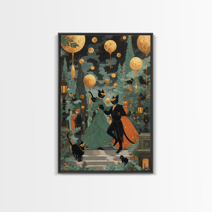 The Moonlit Cat Masquerade - Surreal Celestial Vision, Spooky Wall Decor, Vertical Wall Art, Framed Canvas Print, Halloween Home Decor